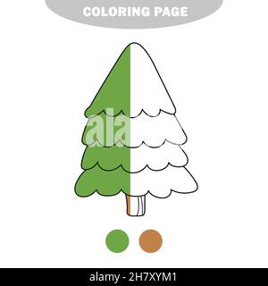 Einfache Malseite. Cartoon Vektor Umriss Illustration Tannenbaum - Malbuch für Kinder. Einfaches Niveau. Halb gemaltes Bild mit Farbmustern Stock Vektor
