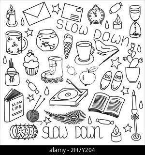 Handgezeichneter Satz von langsamen Leben Doodle-Elemente, verlangsamen Symbole. Stock Vektor
