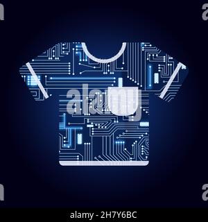 T-Shirt mit elektronischer Schaltung. Blau und Verlaufshintergrund. Moderne Kleidung. Stock Vektor
