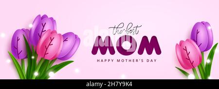 Muttertag Vektor Konzept Design. Die beste Mutter Text mit Tulpen Blume Blumenstrauß präsent Element für Muttertag Gruß Feier Dekoration. Stock Vektor