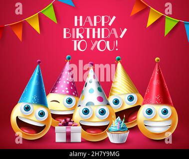 Geburtstag Smileys Gruß Vektor-Design. Happy Birthday Text mit Smiley-Emojis in Partyhüten, Cupcake und Geschenken zum Feiern. Stock Vektor