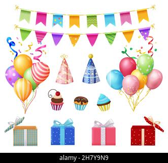 Geburtstagsfeier Elemente Vektor gesetzt. Geschenkboxen, Wimpel, Luftballons, Hüte und Becherkuchenelemente mit farbenfrohen Mustern für das Fest-Objekt. Stock Vektor