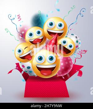 Smileys Geburtstag Überraschung Vektor-Design. Smiley Emojis in Geschenkbox mit Ballons und Konfetti Feier Elemente für Geburtstag Party Emoticon. Stock Vektor