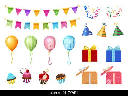 Geburtstagsfeier Elemente Vektor gesetzt. Geschenkboxen, Wimpel, Luftballons, Hüte und Becherkuchenelemente mit farbenfrohen Mustern für das Fest-Objekt. Stock Vektor