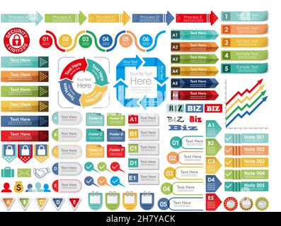 Satz von Business Info-Grafiken, Tags und Symbolen auf Weißem Hintergrund isoliert. Vektorgrafik. Stock Vektor