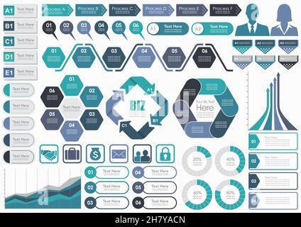 Satz von Business Info-Grafiken, Tags und Symbolen auf Weißem Hintergrund isoliert. Vektorgrafik. Stock Vektor