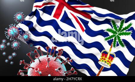 Britisches Territorium im Indischen Ozean und die kovidische Pandemie - Corona-Virus greift seine Nationalflagge an, um den Kampf mit dem Virus in diesem Land zu symbolisieren, 3D Stockfoto