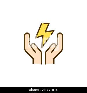 Symbol für nachhaltige umweltfreundliche Energie. Blitz in den Händen. Pixel perfekt, editierbare Kontur farbenfrohes Symbol Stock Vektor