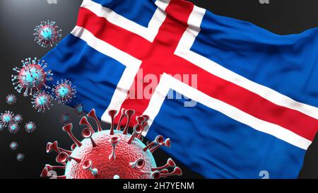 Island und die kovidische Pandemie - Coronavirus greift die Nationalflagge Islands an, um den Kampf, den Kampf und die Viruspräsenz in dieser Zählung zu symbolisieren Stockfoto