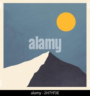Ästhetische abstrakte Minimallandschaft von Schneeberg. Copy space for Text., Moderne und abstrakte Kunst. Ruhige Illustration mit kontrastierender Farbe. Stockfoto