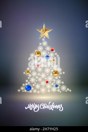 Weihnachtsbaumkarte mit Schneeflocken und Kugeln. Weihnachtsbaum mit goldenem Stern und Kugeln. Grußposter für die Winterferien. Stock Vektor