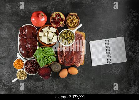 Eisenhaltige Lebensmittel, darunter Eier, Nüsse, Spinat, Bohnen, Tofu, Leber, Rindfleisch, Rote Beete, Muscheln, Und dunkle Schokolade. Stockfoto