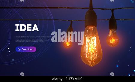 Abstrakte Low-Poly-Lampe mit gelbem Licht auf blauem Vektor-Technologie-Hintergrund. Kreative Geschäftsidee. Futuristisches Energietechnologiekonzept. Stock Vektor