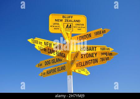 Wegweiser in Stirling Point, Bluff, Neuseeland am 30. November 2010 Stockfoto