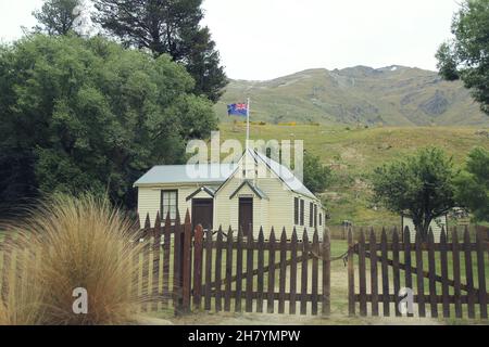 Vintage Cardrona Halle und Kirche , Central Otago, Südinsel, Neuseeland Stockfoto