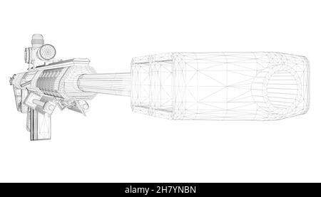 Drahtgestell mit Gewehr mit Teleskopsicht aus schwarzen Linien isoliert auf weißem Hintergrund. Perspektivische Ansicht. 3D. Vektorgrafik Stock Vektor