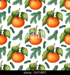 Aquarell-Malmuster aus reifer Mandarine mit grünen Blättern und Fichtenzweigen. Nahtlos wiederholtes saftiges Zitrusmuster. Früchte der Wintersaison. Vi Stockfoto