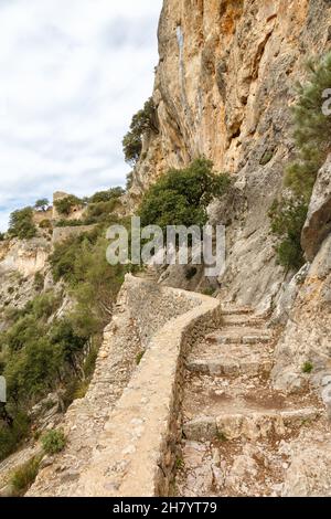 Treppen Treppe zum Schloss Castell d'Alaro Wanderweg Weg auf Mallorca Reise Urlaub Urlaub Portrait Format Tourismus in Spanien Stockfoto