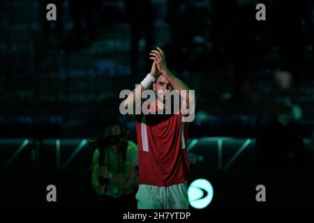 Turin, Italien. 25th. November 2021. Tennis - Davis Cup Gruppe-D-Qualifikation für das Viertelfinale Kroatien gegen Australien Pala Alpitour, Turin, Italien 25. November 2021 der Kroatische Marin Cilic feiert sein Spiel gegen den Australier Alex Minaur (Foto: Tonello Abozzi/Pacific Press) Credit: Pacific Press Media Production Corp./Alamy Live News Stockfoto