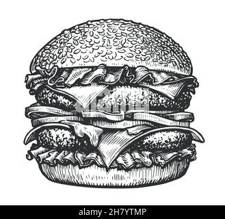 Burger-Skizze. Sandwich im Vintage-Stil mit handgezeichneter Gravur. Street Fast Food Vektorgrafik Stock Vektor