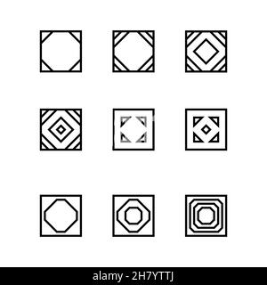 Satz geometrischer linearer Formen. Quadratische Figuren mit unterschiedlichen Mustern. Sammlung linearer rechteckiger Symbole. Minimalistische geometrische Designelemente Stock Vektor