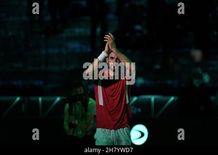 Turin, Italien. 25th. November 2021. Tennis - Davis Cup Gruppe-D-Qualifikation für das Viertelfinale.Kroatien gegen Australien.Pala Alpitour, Turin, Italien 25. November 2021.der Kroatische Marin Cilic feiert sein Spiel gegen den Australier Alex Minaur (Bild: © Tonello Abozzi/Pacific Press via ZUMA Press Wire) Stockfoto