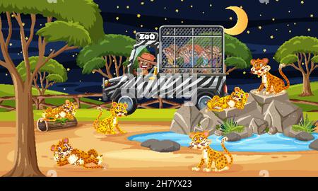Safari bei Nacht Szene mit vielen Kindern beobachten Leoparden Gruppe Illustration Stock Vektor