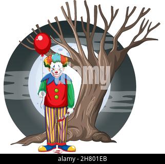 Scary Clown hält Ballon auf Vollmond Hintergrund Illustration Stock Vektor