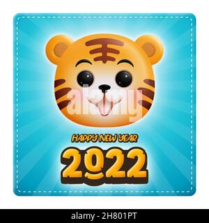 Glückliches neues Jahr 2022 Cartoon Clipart für Kinder, mit dem Kopf eines Baby-Tigers für das chinesische Neujahr des Tigers Stockfoto