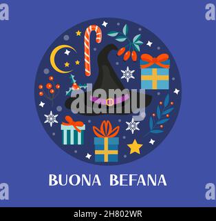 Buona Befana bedeutet glückliche Epiphanie Weihnachtstradition in Italien Hexenhut und Weihnachtszubehör Vorlage für Ihr Design. Vektorgrafik Stock Vektor