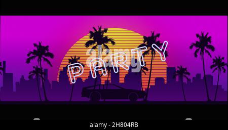 Bild von Party-Neon-Text über Sonnenuntergang und Palmen mit Stadtbild Stockfoto