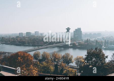 Moderne lange Hängebrücke mit treibenden Autos, die den Fluss in der Stadt überqueren, mit hohen Bäumen und Wohngebäuden vor wolkenlosem Himmel Stockfoto