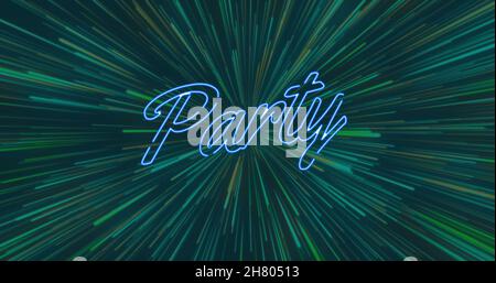 Bild von Partytext über Lichtspuren Stockfoto