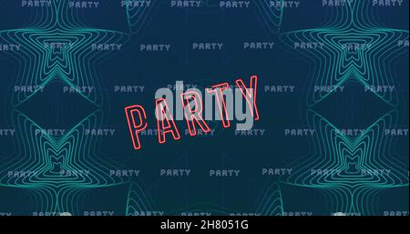 Bild von Party Neon Text in Wiederholung über blauem Muster Stockfoto