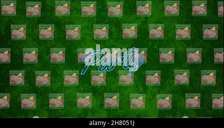 Bild von Party Neon Text in blauen Buchstaben über Muster auf grünem Hintergrund Stockfoto