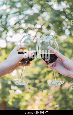 Ernte nicht erkennbare Freundinnen, die an sonnigen Tagen im Garten mit Gläsern Rotwein gegen grüne Bäume toasten Stockfoto