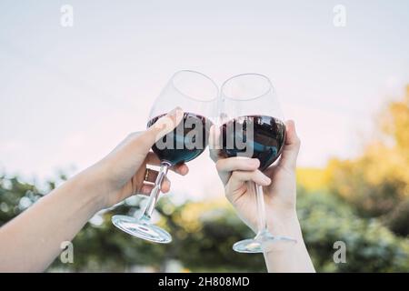 Von unten ernten unkenntlich weibliche Freunde, die an sonnigen Tagen im Garten mit Gläsern Rotwein gegen grüne Bäume toasten Stockfoto