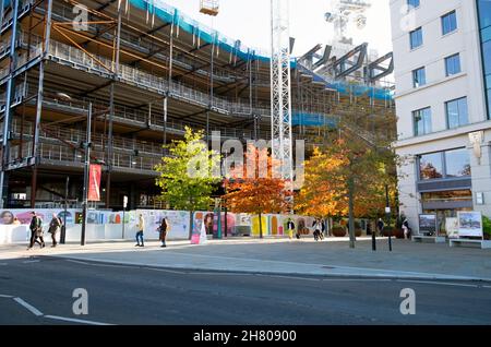 Landscraper Google-Gebäude im Bau am Kings Boulevard und bunte Blätter auf Herbstbäumen 2021 in London England Großbritannien KATHY DEWITT Stockfoto