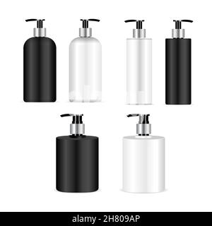 Schwarz-weiße Pumpflasche, Shampoo-Spender Mockup. Behälterschablone aus Flüssigseife aus Kunststoff. Handcreme oder Lotion Feuchtigkeitscreme Pumpe Spender Nachbau Stock Vektor