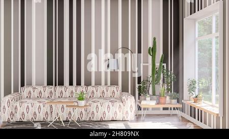 Interieur der Wohnzimmerwohnung mit dekorativen Pflanzen und großem Fenster und leerer Wand, 3D Rendering Stockfoto