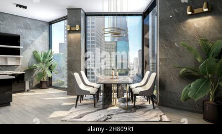 Moderne, moderne, moderne, elegante Küche mit luxuriösem Esstisch und großem Fenster, 3D Rendering Stockfoto