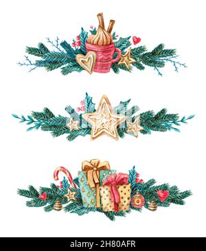 Set von Aquarell-Weihnachtsbaum-Ästen mit Lebkuchen, Mistel, Tasse, Geschenken und Süßigkeiten. Malerei auf weißem Hintergrund. Abbildung Stockfoto