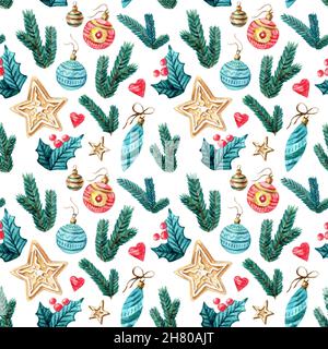 Weihnachten Aquarell nahtlose Muster mit Brunches, Herzen, Cukies, Sterne, Mistel, Dekorationen. Aquarell isoliert Winter Illustration - Stock Stockfoto