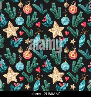 Weihnachten Aquarell nahtlose Muster mit Brunches, Herzen, Cukies, Sterne, Mistel, Dekorationen. Aquarell isoliert Winter Illustration - Stock Stockfoto
