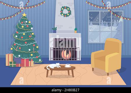 Gemütliches Zuhause an Weihnachten flache Farbe Vektor Illustration Stock Vektor