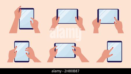 Tablet, Smartphone in den Händen und berühren Sie einen leeren Bildschirm. Nachbau von Multi-Touchscreens von mobilen Geräten Vektor-Set. Surfen im Internet, Scrollen per Drag & Drop, spielen Stock Vektor