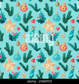 Weihnachten Aquarell nahtlose Muster mit Brunches, Herzen, Cukies, Sterne, Mistel, Dekorationen. Aquarell isoliert Winter Illustration - Stock Stockfoto