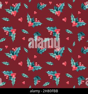 Weihnachten Aquarell nahtloses Muster mit Herzen, Mistel, auf rotem Hintergrund. Aquarell isoliert Winter Illustration Stockfoto