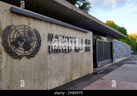 Eingang zum Hauptsitz der Vereinten Nationen in Genf Stockfoto