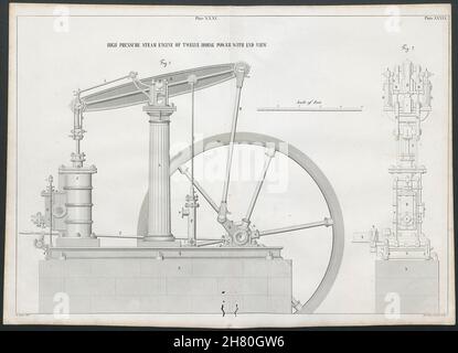 VIKTORIANISCHE TECHNIK ZEICHNUNG 12hp Hochdruckdampfmaschine 1847 alter Druck Stockfoto